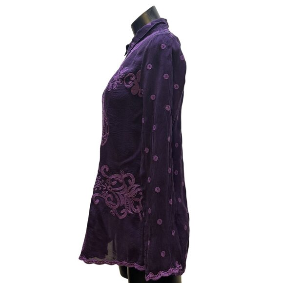 Johnny Was Embroidered Silk Blouse Wine XS Long Sleeve Button Front - Picture 4 of 7